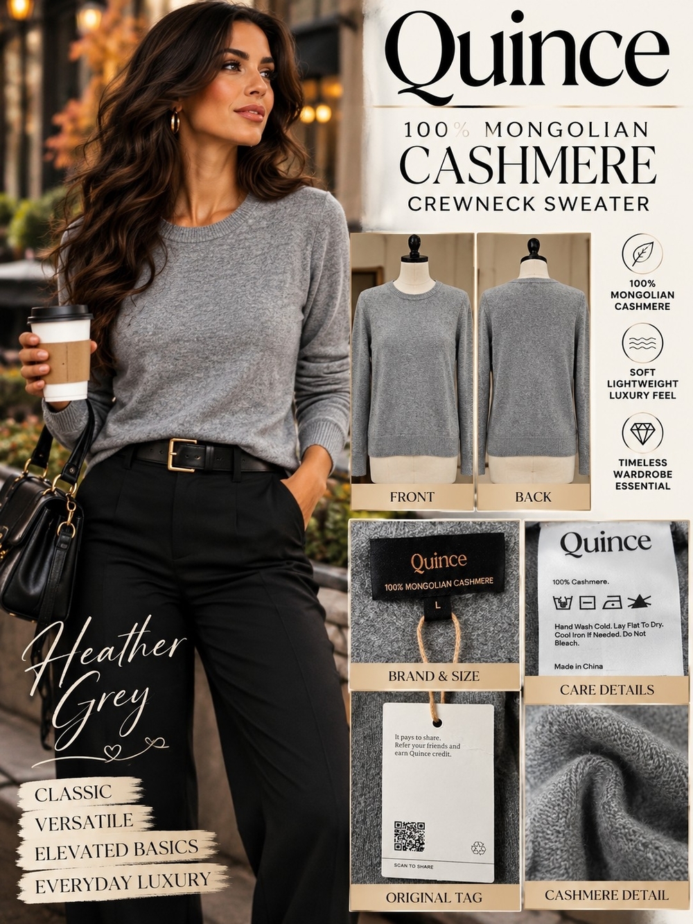NWT Quince 100% Mongolian Cashmere Crewneck Sweater – Heather Grey – Large